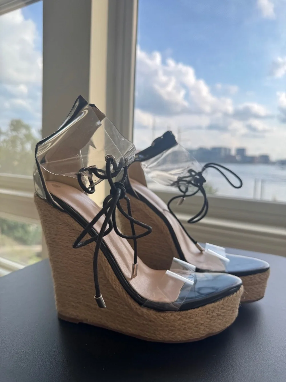 Black Clear PVC Lace-Up Espadrille Platform Wedge Sandals EU 38